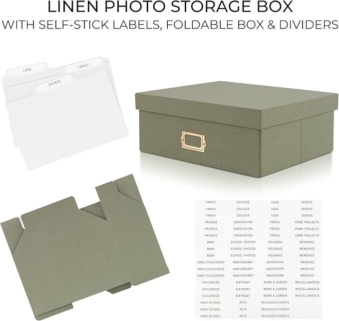 ZICOTO Decorative Photo Storage Box - Sturdy Linen Photo Organizer with Dividers is Perfect to Store Up to 1700 Pictures and 4x6 Photos - Portable Scrapbook Storage Containers with Lid