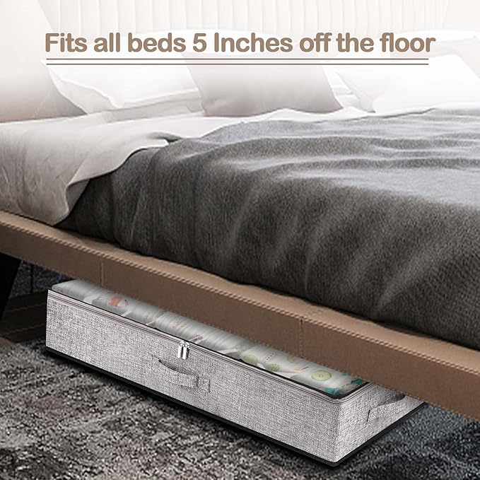 Underbed Storage Containers, Underbed Clothes Organizer Bins with Sturdy zipper, Foldable Under the Bed Storage Bags for Organizing Clothes, Shoes, Blankets, Quilts, Toys, 2 Pack Grey