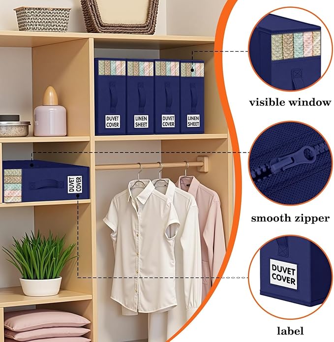 WOWBOX Sheet Organizers and Storage,Closet Bed Sheet Organizer Under Bed Storage and Organization with Label Cards & Clear Window for Bedding Sheets,Duvet Covers,Blankets (8 Pack，Blue)
