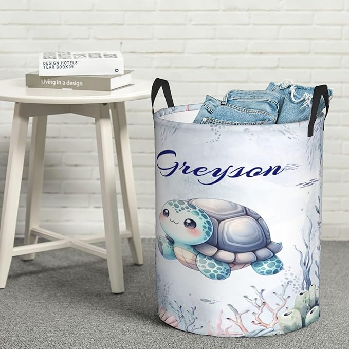 Personalized Turtle Laundry Basket For Baby Kids Boys Girls Adult Custom Hamper Basket With Name For Bathroom Bedrooms Collapsible Baby Laundry Basket, Dirty Clothes Hamper With Handles