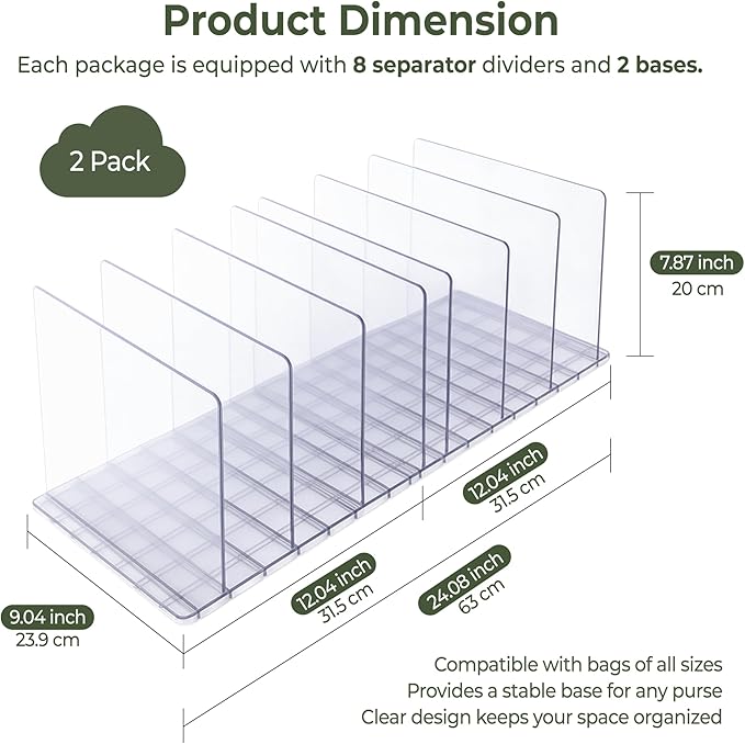 Acriloom Essentials Purse Organizer for Closet – Adjustable Bag Organizer with 2 Bases & 8 Dividers, Heavy-Duty Clear Design for Home & Personal Organization, Easy to Set Up and Maximize Closet Space