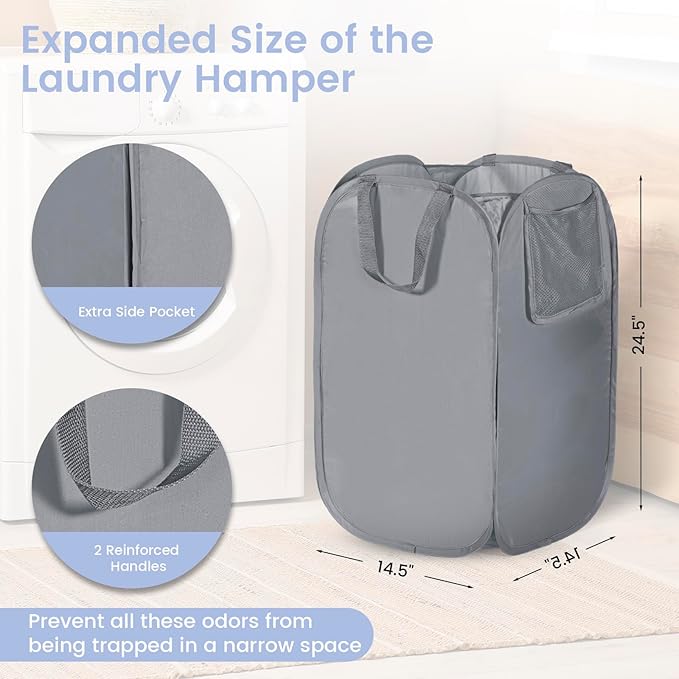 HOUSE AGAIN Upgraded Pop Up Hampers for Laundry, Collapsible Laundry Basket with Durable Handles & High Carbon Steel Frame, Wide Opening, Solid Bottom and Side Pocket for Clothes and Storage(Grey)