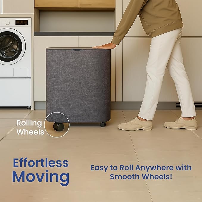 XABITAT Dual Section 90L Laundry Basket with Wheels and Lid – Tall divided Double Laundry Hamper with 2 Removable Washable Bags, Large Laundry Sorter for Easy Clothes Separation