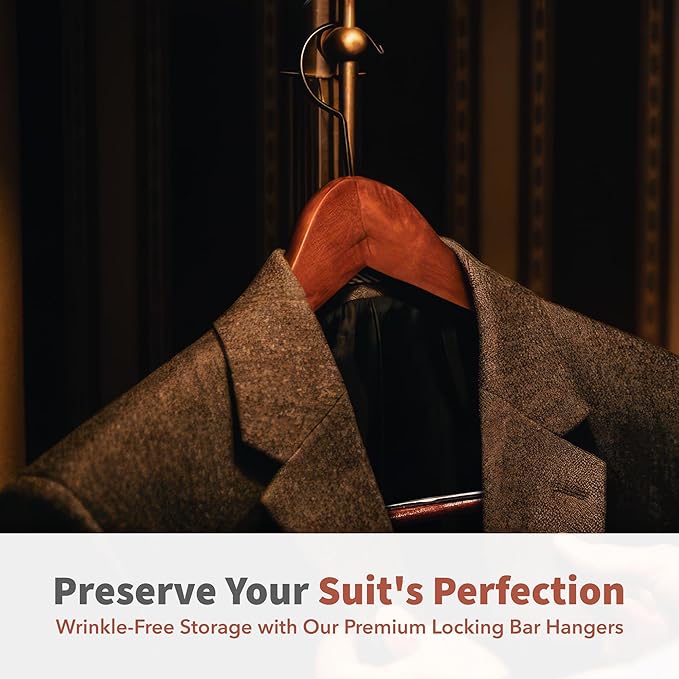 DEILSY™ Suit Hangers for Men with Open Bar 10 Pack Premium Brown Wooden Coat Hangers Pants Durable Suit for Closet Organization - Jacket Hanger Wood Clothes (10)