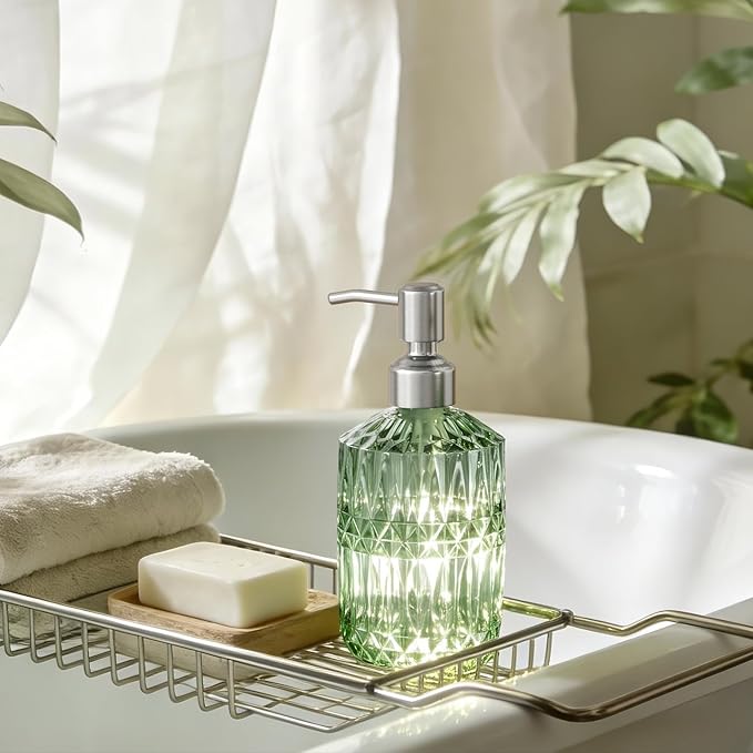AmazerBath Soap Dispenser, Green Glass Soap Dispenser with Pump Stainless Steel, 14.2OZ Refillable Hand Bottles Bathroom Kitchen, 1 Pack