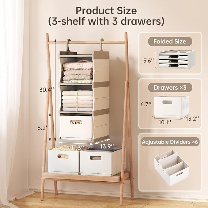 HAIXIN 3-Shelf Hanging Closet Organizer with 3 Removable Drawer & 6 Dividers, Plastic Hanging Shelves Foldable Closet Organizer and Storage Drawer for Bedroom, Wardrobe, Garment Racks, RVs