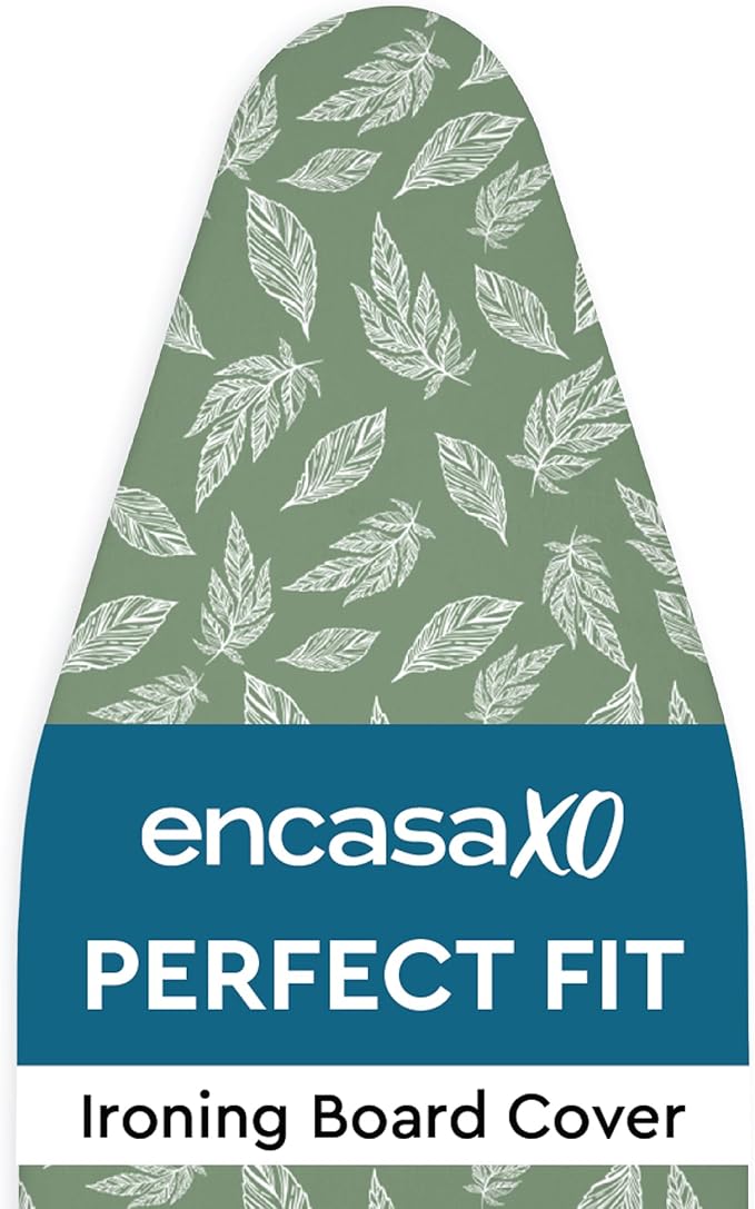 Encasa XO Ironing Board Cover and Pad 42"x14" - Thick 3mm Felt Padding, Drawstring Tightening & Lock, Easy Fit, Scorch & Stain Resistant, Fits Medium Ironing Board - Big Leaves Green