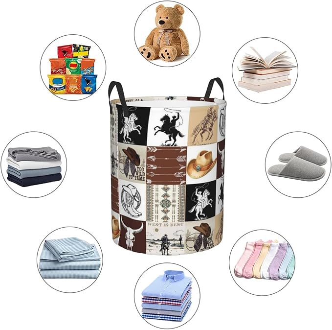Laundry Basket Room Decor,Round Laundry Hamper Waterproof Dirty Clothes Hamper Collapsible Laundry Baskets With Handles,Toy/Clothes Storage Basket For Home Dorm Bathroom Decor (Western)