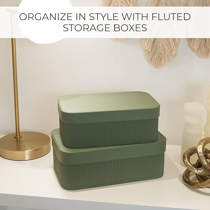 Decorative Storage Boxes with Lids – Set of 2 Beautiful Fluted Cardboard Organizer Bins for Your Home Bookshelf Decor to Safely Store Your Documents, Memory Box Items and Other Keepsakes in Style