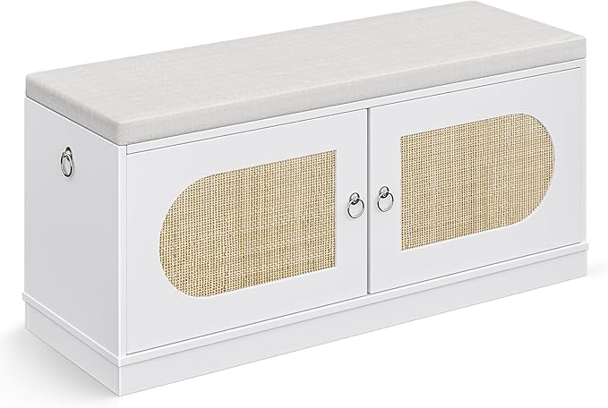 2-Tier Rattan Shoe Storage Bench, 39.4" W Shoe Bench with Padded Seat Cushion, Entryway Bench with Handles, 2 Doors, Adjustable Shelf for Living Room, Bedroom, Front Door, Hallway - Natural