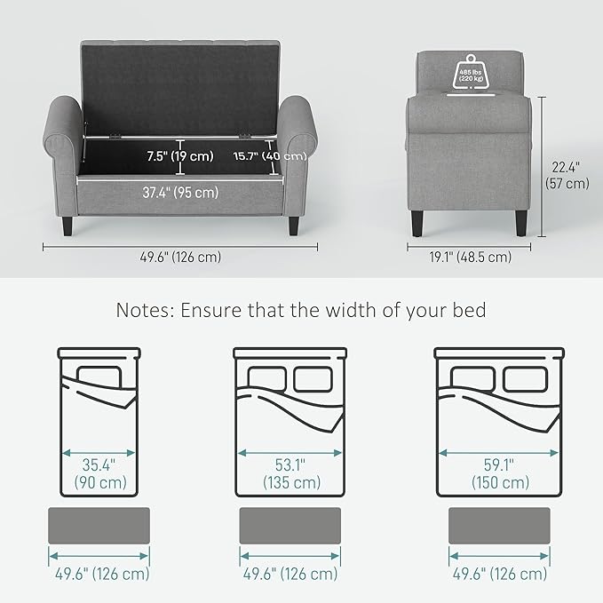 HOMCOM 50" Storage Ottoman Bench, Upholstered End of Bed Bench with Rolled Arms, Wood Legs, Button Tufted Storage Bench with Safety Hinges for Living Room, Entryway, Bedroom, Gray