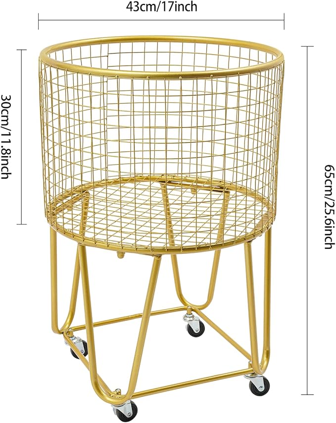 Wire Metal Deep Set Rolling Laundry Basket,Mesh Wire Laundry Basket Storage Cart for Bathroom Bedroom Dirty Clothes Storage (F)