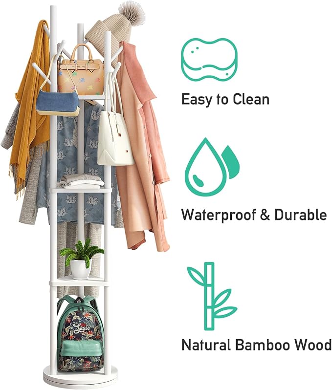 Rotary Coat Rack Stand with 8 Hooks, Bamboo Wood Coat Tree for Clothes/Bags/Hats, Large Coat Rack Freestanding for Entryway (White)