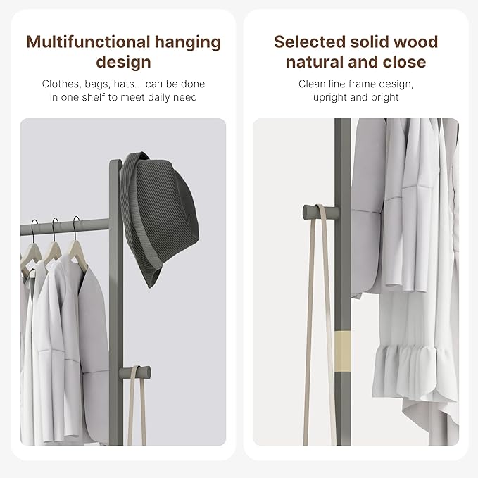 CHANCEE Solid Wood Coat Rack, Freestanding Clothes Rack with Shoe Storage, Heavy-Duty Hall Tree with 5 Hooks, Corner Coat & Hat Stand for Bedroom, Entryway, Living Room, Hotel