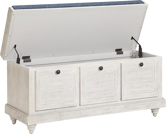 OSP Home Furnishings Dover Coastal Lift-Top Storage Bench with Shutter Face Styling, Distressed White Finish with Navy Fabric Cushion