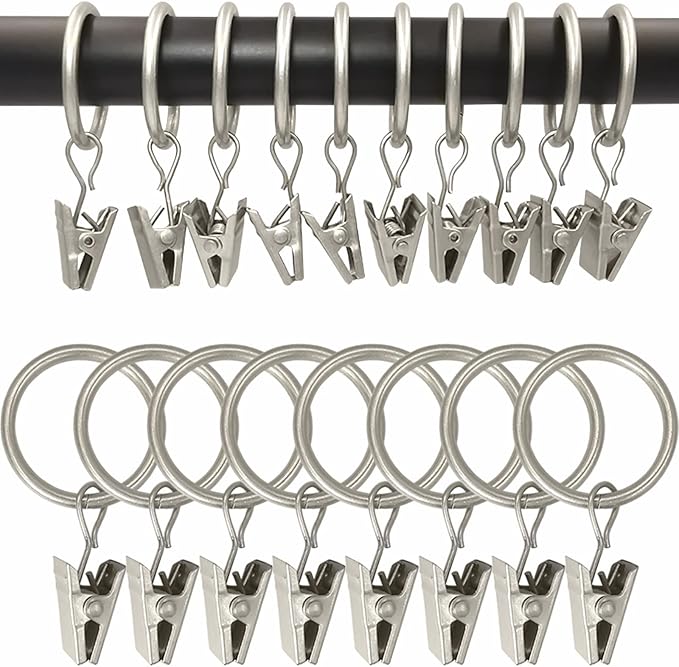 44 Pack Matte Silver Curtain Rings with Clips, Curtain Hooks Hangers Clip Rings for Hanging Drapes Bows Hat, Drapery Rings 1 in I D, Fits up to 5/8 in Diameter Curtain Rod.