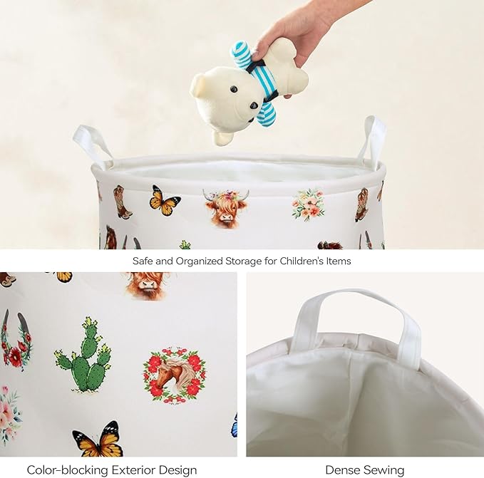 Highland Cow Laundry Basket Cute Western Cows Laundry Hamper, Cowboy Kids Large Storage Bins Box with Handles, Ideal for Room Nursery Decor, Books, Organizing Clothes, Toys
