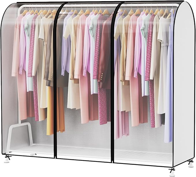 Kntiwiwo Clear Garment Rack Cover, Clothes Rack Cover Clothing Rack Cover with Durable Zippers for Garment Rack, Clothes Rack, White, 72"L x 20"W x 60"H (Rack Not Included)