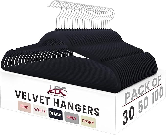 LDC Black Velvet Hangers 30 Pack - Premium Non-Slip Clothes Coat Pants Felt Hanger for Closet - Heavy Duty Space Saving 360° Swivel Hook Hangars - Black