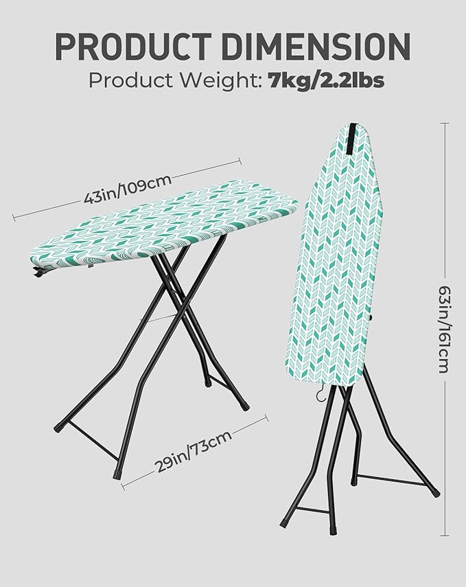 LyriFine Ironing Board, 2-in-1 Flat and Hanging Board, Sturdy Steel Frame Iron Board with Non-Slip Feet, Heat Resistant Cover Iron Board, Foldable Ironing Board Full Size with Hook, 14″ x 43″ Green