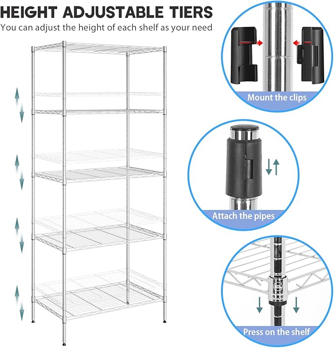 YRLLENSDAN 5 Tier Metal Shelving Unit, Heavy Duty Wire Shelves, Adjustable Storage Rack for Kitchen, Garage Shelving, Pantry Shelves, Storage Shelves Organizer, 24" W x 14" D x 61" H, Chrome