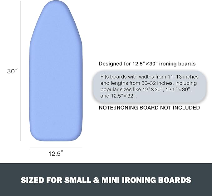 Small Ironing Board Cover and Pad 12.5”x30”, Silicone Coated Scorch Resistant Pure Cotton, Small Iron Board Cover with Padding, Tabletop Mini Ironing Board Cover and Pad, Drawstring Blue
