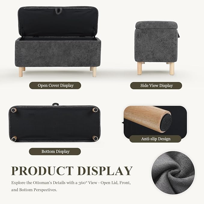 Ottoman with Storage, Storage Ottoman Bench, Entryway Bench with Wood Legs for Living Room, Sitting Area, Dark Grey