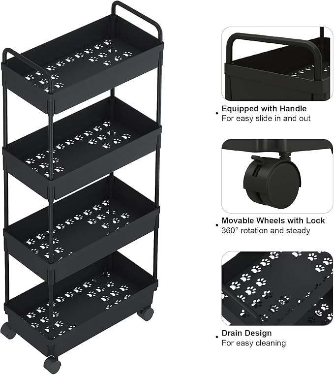 Buzowruil Rolling Storage Cart 4 Tier Organizer Mobile Shelving Unit Storage Rolling Utility Cart with Wheels for Kitchen Bathroom Laundry,Black