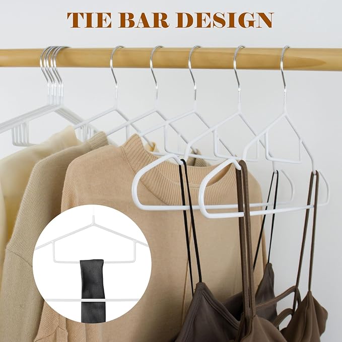 Clothes Hangers, 50Pack White Metal Hangers with Tie Bar, Metal Hangers Heavy Duty with Shoulder Notches for Dress and Camisole,15.7'W Shirt Hanger（White）