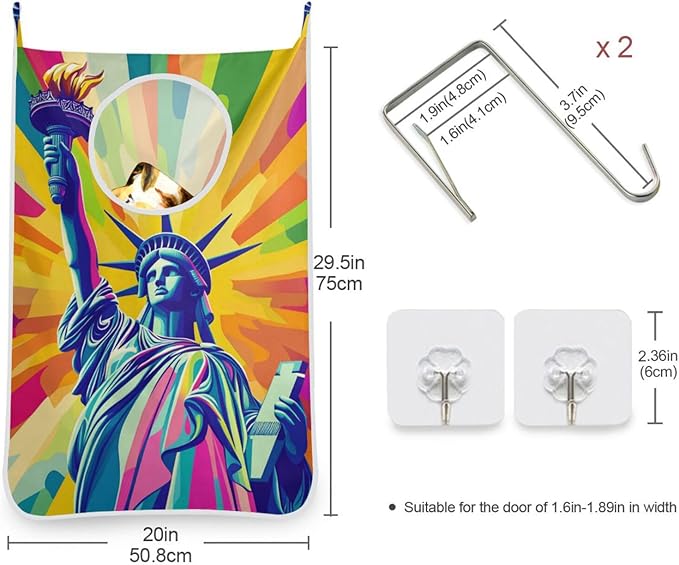 Hanging Laundry Hamper with Stainless Steel Hooks,Oxford Fabric Printing Door Laundry Clothes Bag, 29.5X20inch 1PCS Bright Statue Of Liberty and Torch