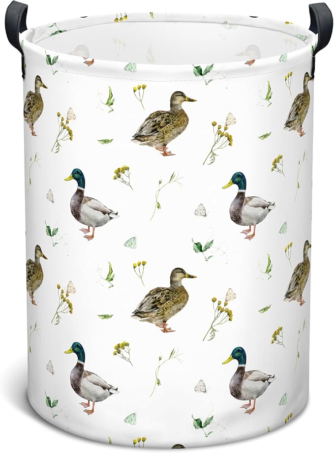 Mallard Duck Laundry Basket, Collapsible Waterproof Oxford Cloth Laundry Hamper, Funny Round Kids Toys Storage Basket as Room Decor, Cute Duck Dirty Clothes Hamper for Bedroom Bathroom Dorm (Brown)