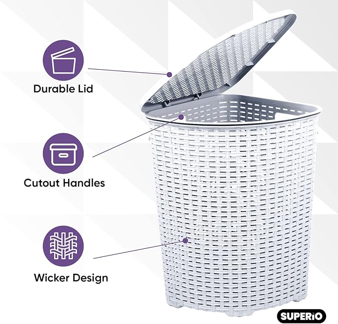 Plastic Corner Laundry Hamper with Lid, Curved Designed Laundry Basket, 2 Pack Triangle White Cloths Hamper Organizer with Cut-out Handles for Laundry Room Bedroom Bathroom, Wicker Design, 50 Liter