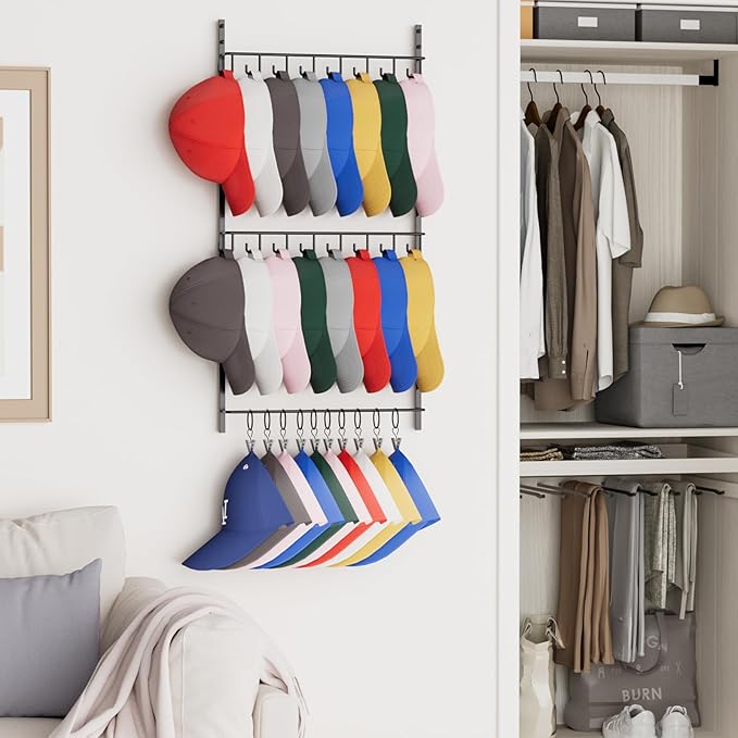 Consumest Over Door Hat Organizer - 3 Tier Wall Mounted Hat Rack with 16 Hooks and 10 Movable Clips, Hanging Baseball Cap Storage Holds up to 26 Caps for Door, Bedroom, Closet USPTO Patent Pending