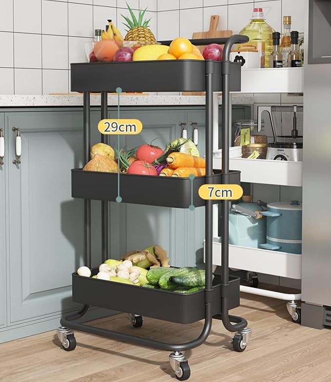 Sooyee 3 Tier Utility Cart,Rolling Cart with Handle and Lockable Wheels, Multi-Functional Storage Cart for Office, School,Living Room, Kitchen, Bathroom, Bedroom,Laundry,Black