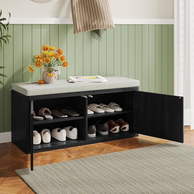 Double Layered Shoe Cabinet with Bench,Wooden Shoe Bench with Soft Cushion,Double Door without Handle Pressing Spring,Fluted Panel,Suitable for Entrance,Corridor and Living Room (Shoe Bench-Black)