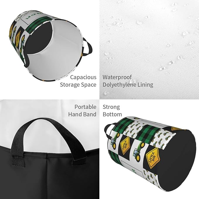 Green Tractor Personalized Laundry Basket Name Clothes Hamper with Handles Waterproof Laundry Storage Baskets for Bedroom Bathroom Decor.