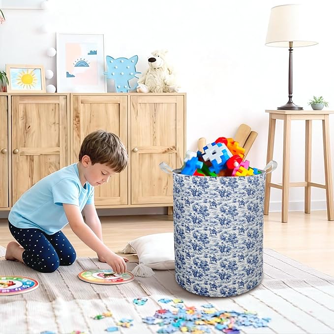 Chinoiserie Western Cowboy Laundry Basket Hamper, Blue and White Toile Rodeo Cowboy Western Foldable Clothes Toys Books Storage Box Bins Baskets Organizer for Bedroom Bathroom Home
