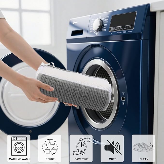 Shoe Washing Machine Bag,Blue and white stripes Mesh Shoe Washing Bag for Washing Machine - Large Size Fits various Shoes, Chenille Fabric Protection, Zipper Laundry Bag for Sneakers (2 Pcs) (Grey)