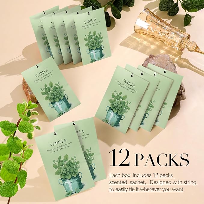 Vanilla Scented Sachet Bags - 12 Pack Closet & Drawer Freshener, Long Lasting Odor Eliminator for Wardrobes, Cars & Storage, Home Fragrance Air Freshener Sachets