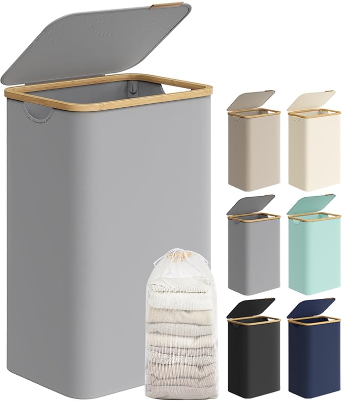 SONGMICS Laundry Hamper with Lid, Large Laundry Basket, 23.8 Gallons (90L), Removable Mesh Liner, Bamboo Handles, Collapsible, 16.5 x 12.6 x 27.8 Inches, Dove Gray ULCB509G01