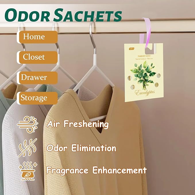 MR.A 13 Packs Eucalyptus Scented Sachets, Fragrance Sachet Bags for Drawers and Closets, Air Fresheners for Car and Home, Closet Deodorizer Scented Drawer Fresheners for Dresser with Hanger Hooks