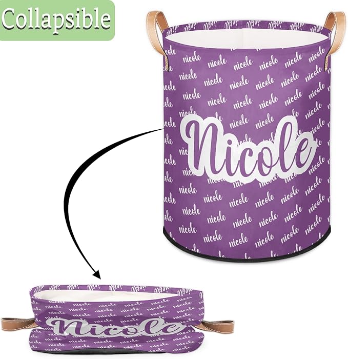 Custom Name Laundry-Hamper, Personalized Purple Kids-Clothes-Hamper Foldable with Name, Customized Storage Basket with Handles Waterproof Gift for Boys Girls Baby Women