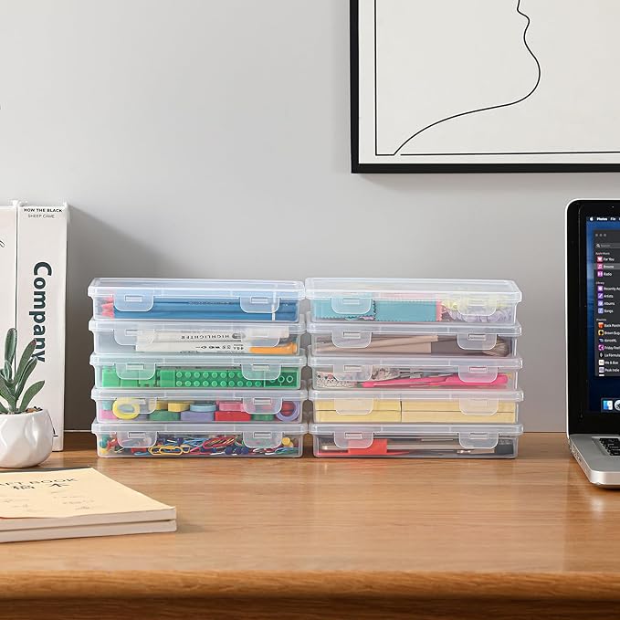 10 Pack Clear Plastic Pencil Case Pouch Box - Stackable Storage Organizer with Snap Lid for Pens, Markers, Beads, Jewelry, Stickers, Art Supplies, School Office Hobby Use, Rectangular Flat