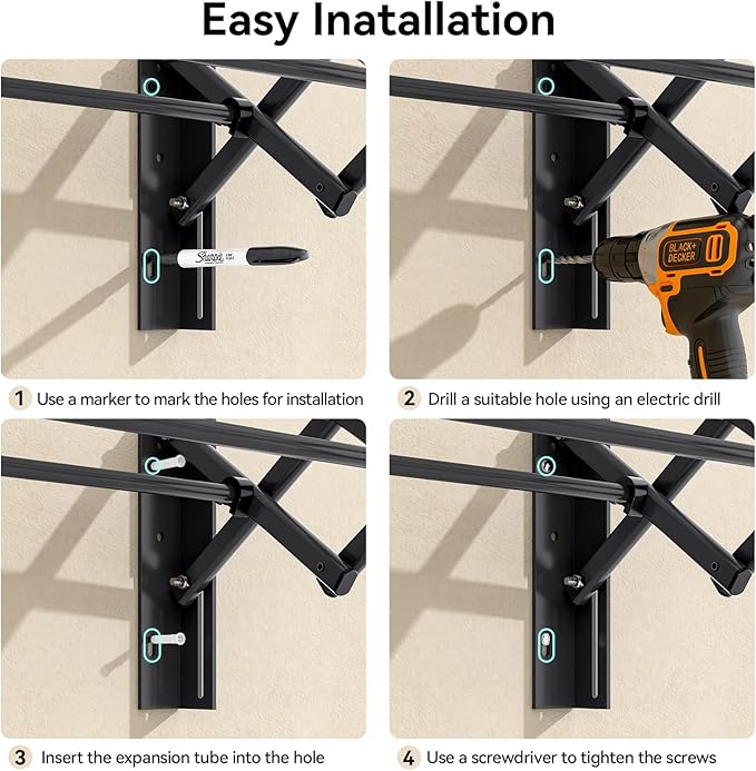 APEXCHASER Laundry Drying Rack Wall Mount - Towel Rack Collapsible, Accordion Clothes Drying Rack, Clothes Airer for Bathroom Balcony Laundry Room Wall Mounted, Drying Rack for Clothing, Black