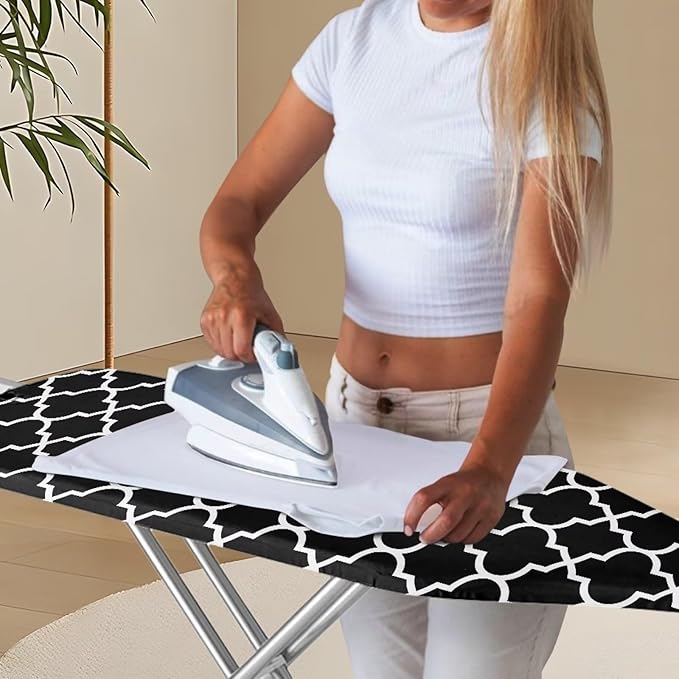 Black & White Moroccan Lattice Durable Iron Board Cover Non Stick Scorch Easy-Fit Ironing Board Cover Standard Size with Elastic Edge and Hook & Loop Fastener Strap