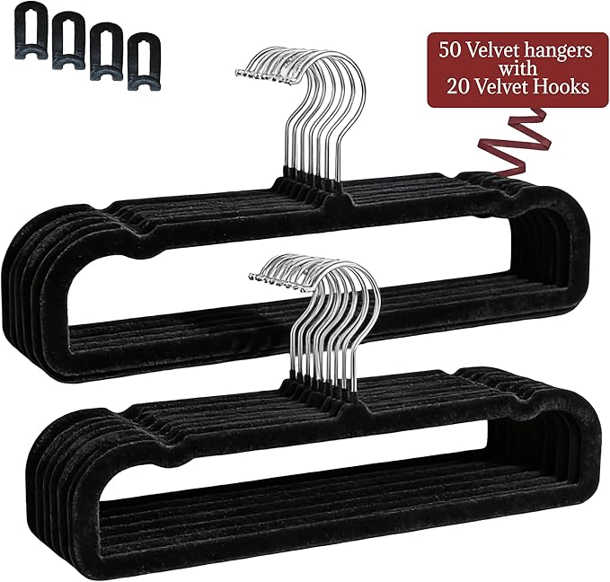 50 Velvet Pants Hangers with 20 Velvet Hooks – Non-Slip Flocked Slim Space Saving Clothes Hangers with 360° Swivel Silver Hook, Heavy Duty for Jeans, Pants, Tank Tops & Closet Organization