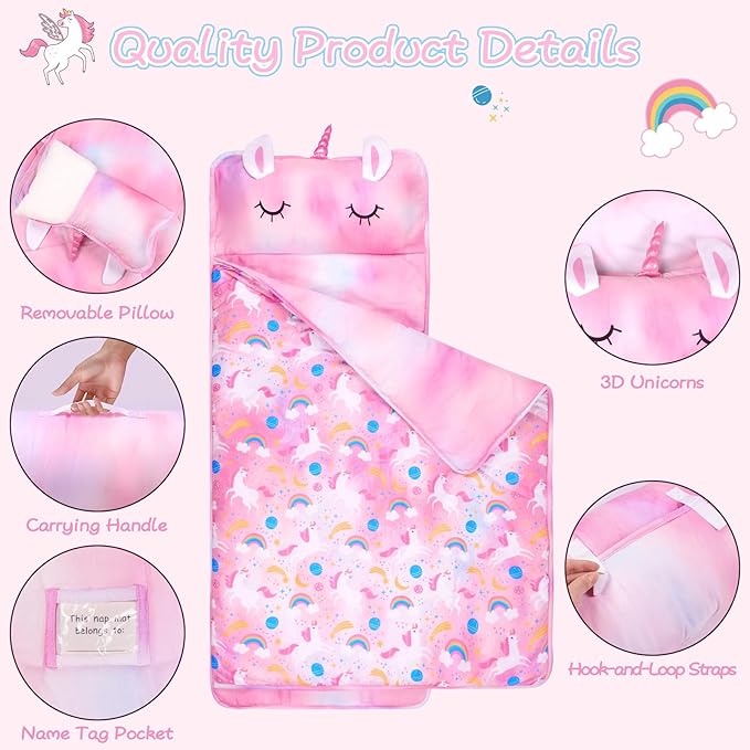 Toddler Nap Mat with Removable Pillow and Blanket Dream Unicorns Kids Sleeping Bag with Pillow Reinforced Stitching Machine-Washable, Soft Nap Mats for Daycare, Travel, Camping 53"x21"