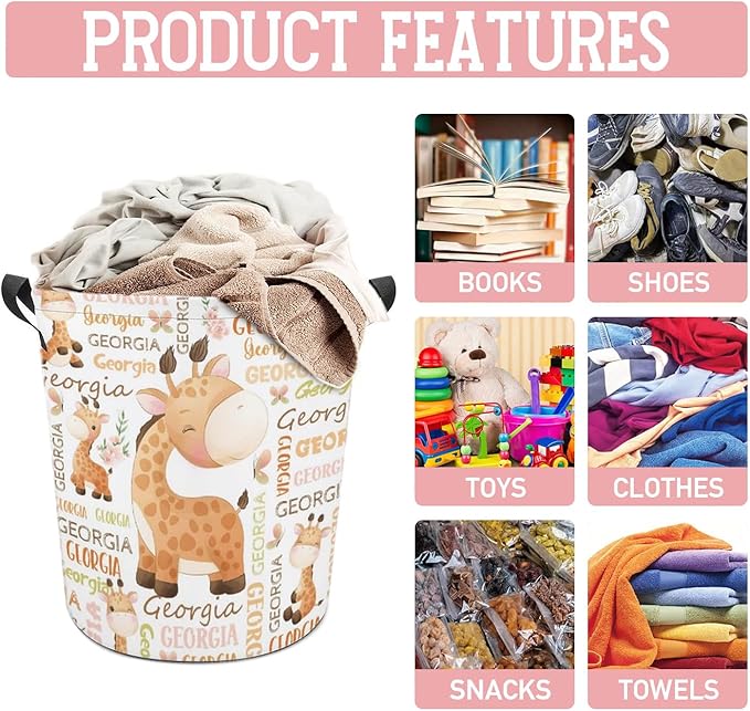 Giraffe Laundry Basket,Personalized Laundry Hamper for Boys Girls,Custom Laundry Basket With Name, Customized Dirty Clothes Hamper for Bathroom Bedrooms,S-16.5"X 13.8"