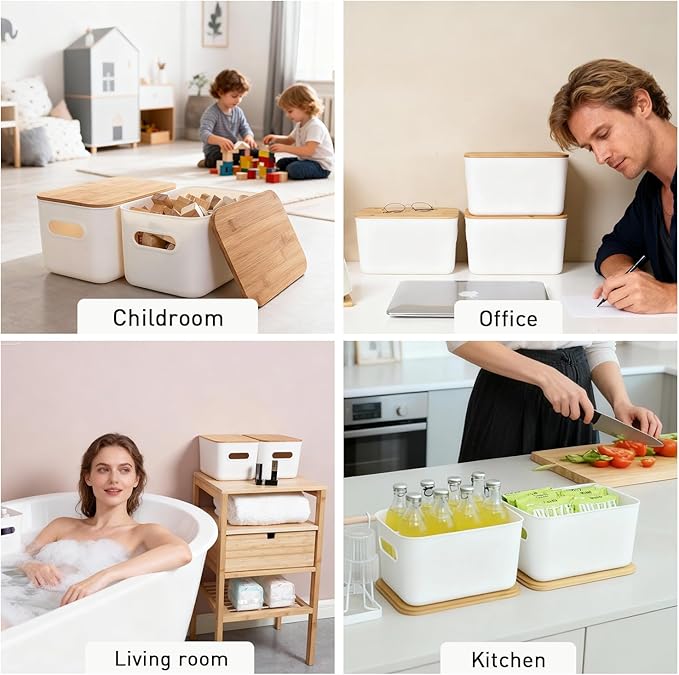 Citylife 4 PCS Storage Bins with Bamboo Lids Plastic Storage Containers for Organizing Stackable Storage Box with Handle, 10.23 x 7.08 x 6.3 inch