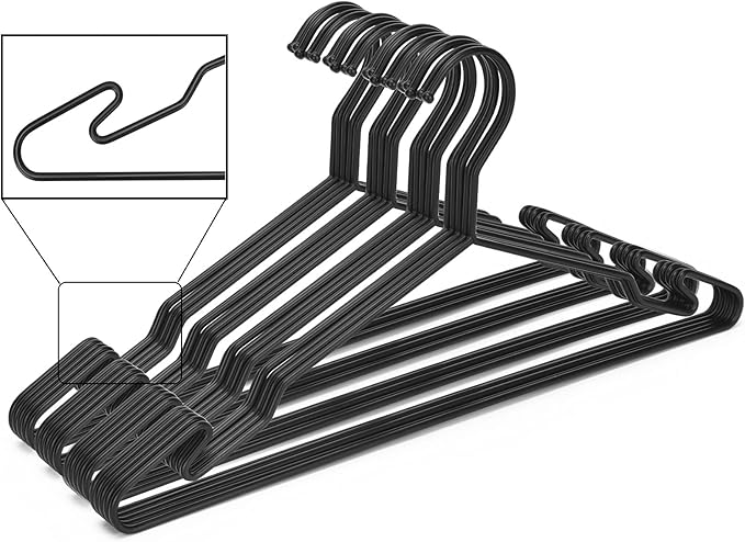 Heavy Duty Metal Hangers with Unique Hook Design Durable & Sturdy Coat Hangers 4mm Thick Withstands 25lbs Weight Smooth Powder Coated Finish Compact Shirt Hangers - 20 Pack Black